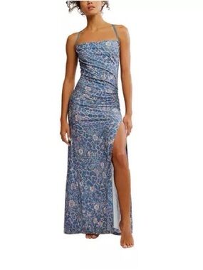 Free People Blue Floral Ruched Maxi Dress with Side Slit